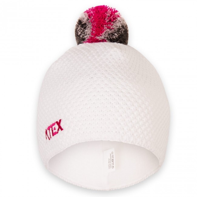 Knitted hat KNIT white with grey - purple bobble