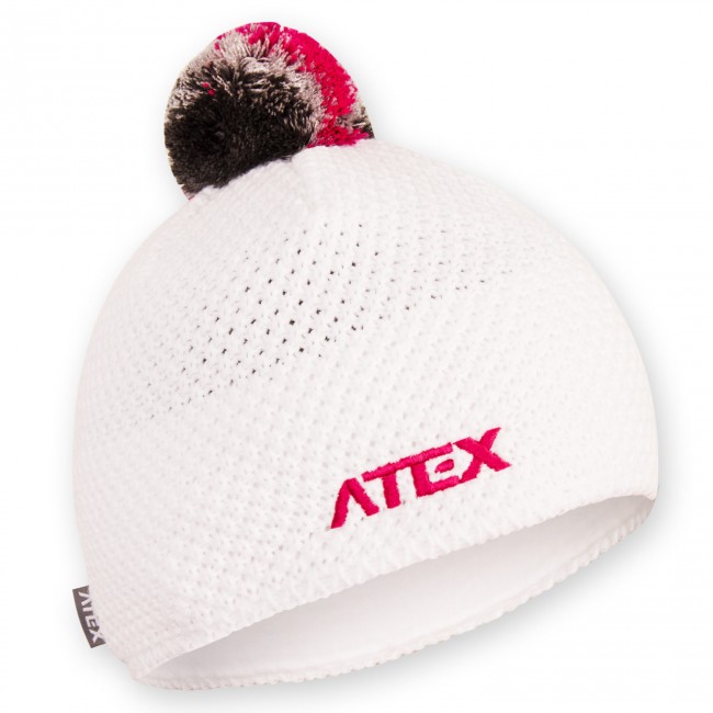 Knitted hat KNIT white with grey - purple bobble