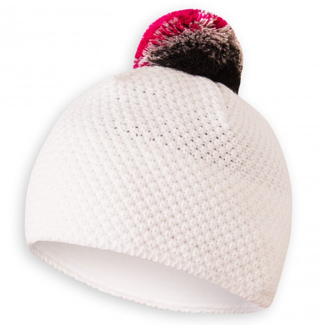 Knitted hat KNIT white with grey - purple bobble